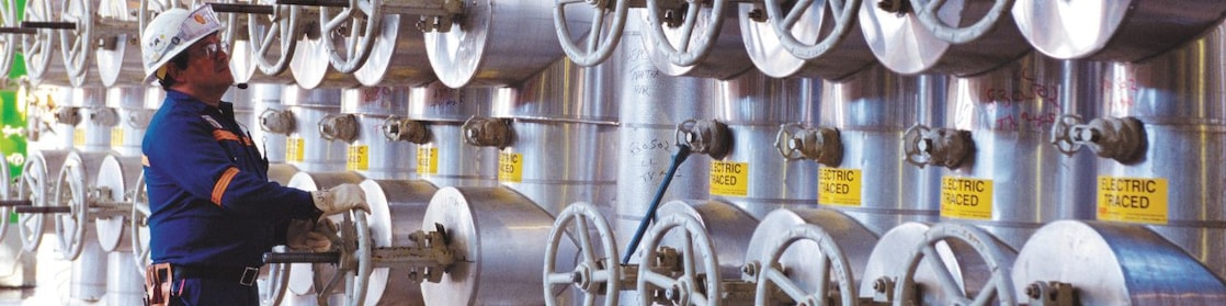 Un ingeniero trabajando en el colector de alimentación de la planta de etileno de OP-2 en Deer Park en 2004