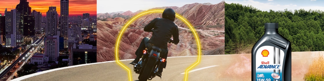 imagen de una persona andando en moto, rodeado de un pecten Shell neon. Con un producto de lubricante Adveance 15w 50.