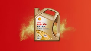 Lubricante Shell Helix Ultra 0W-20 sobre un fondo rojo.