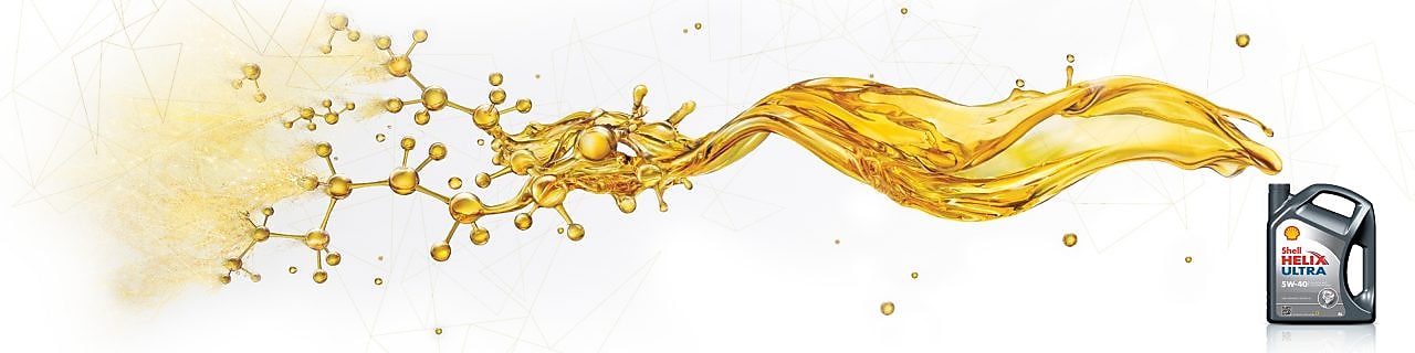 Envase de Shell Helix Ultra desde cuya apertura superior fluye aceite